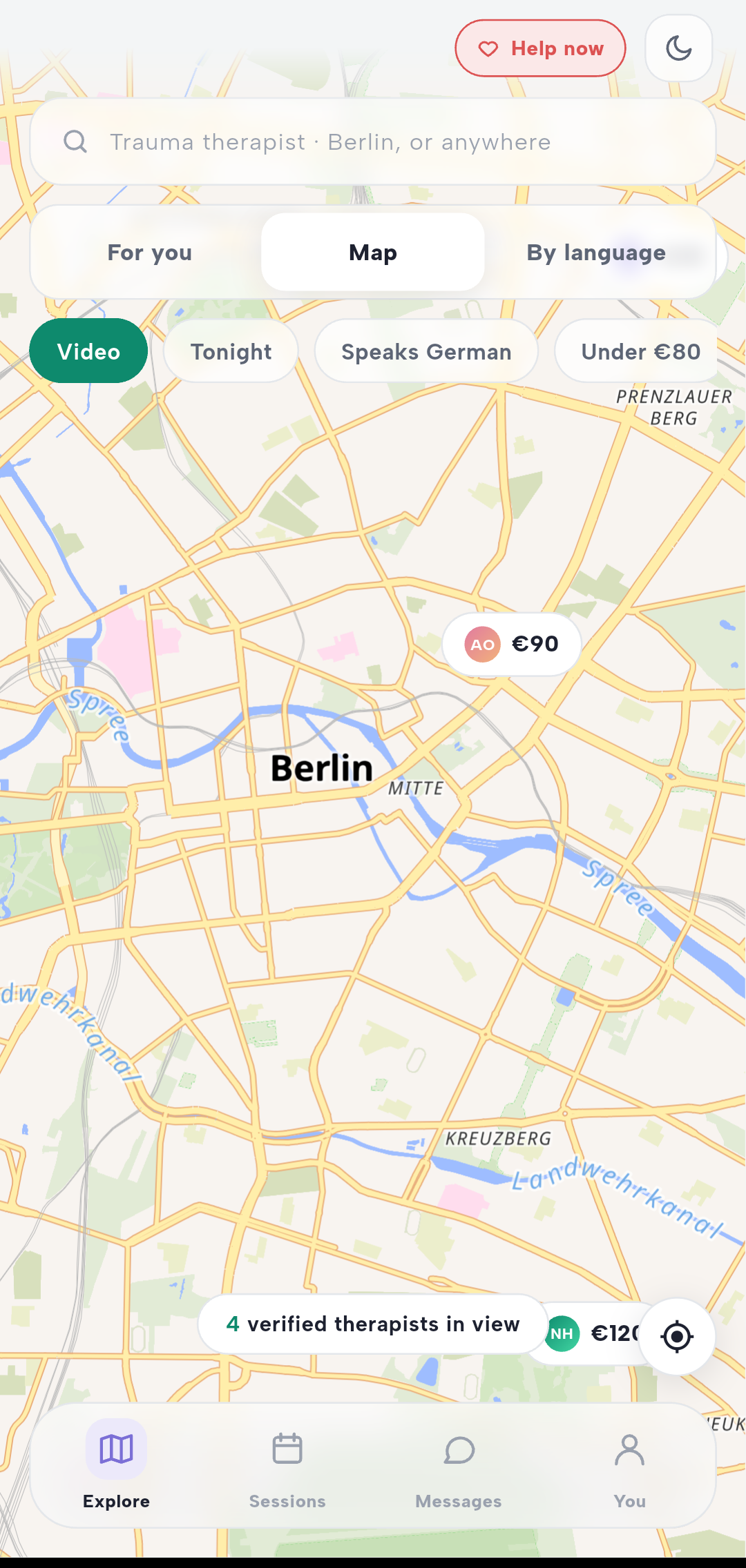 Zelavi's real map — verified therapists with prices and filters