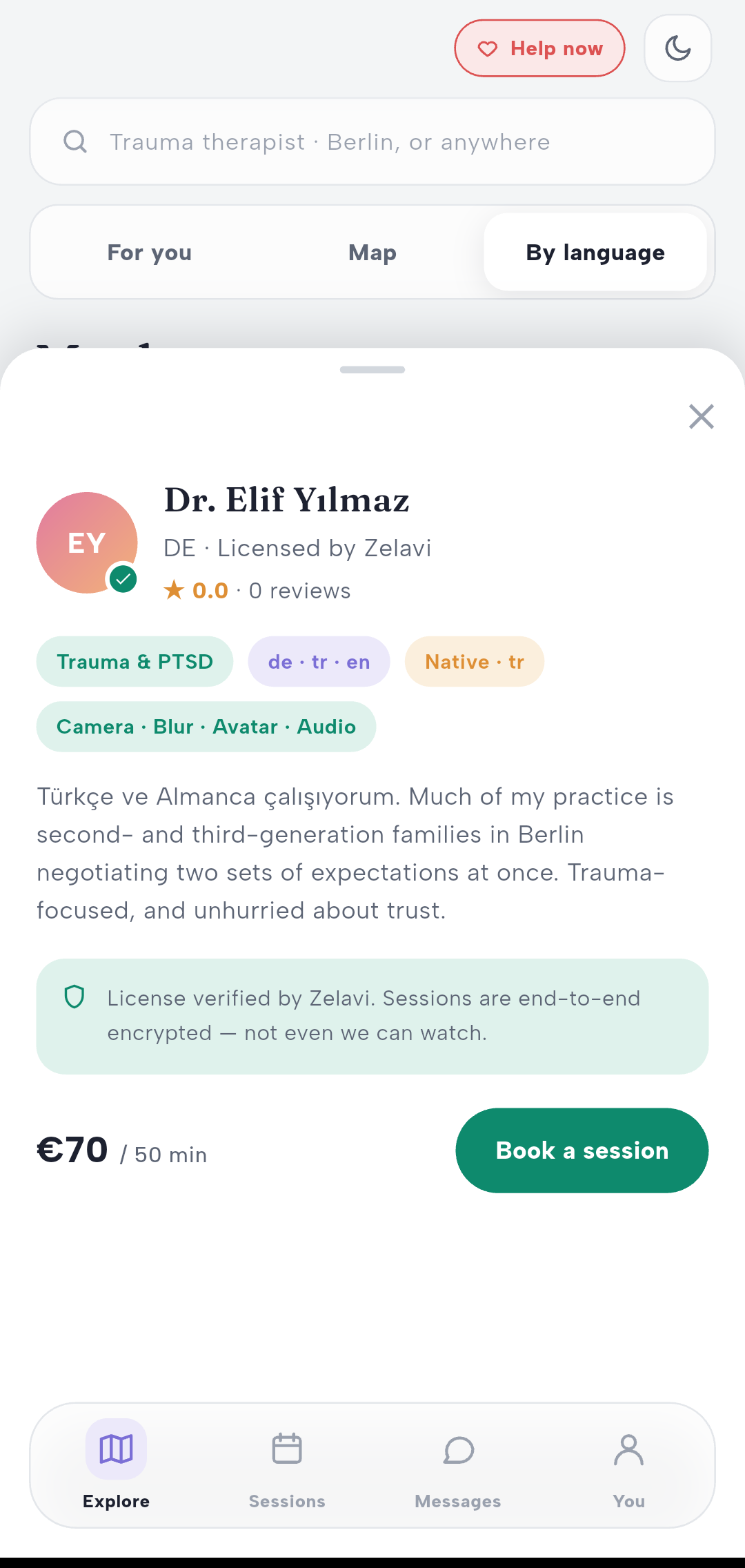 A verified therapist profile — license verified, languages, price, end-to-end encrypted sessions